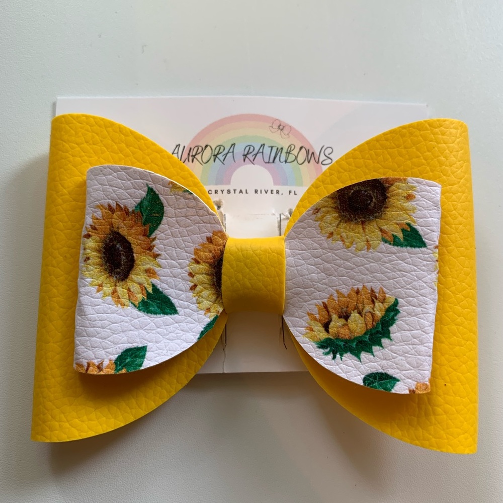 Yellow Sunflower Bow or Headband faux leather